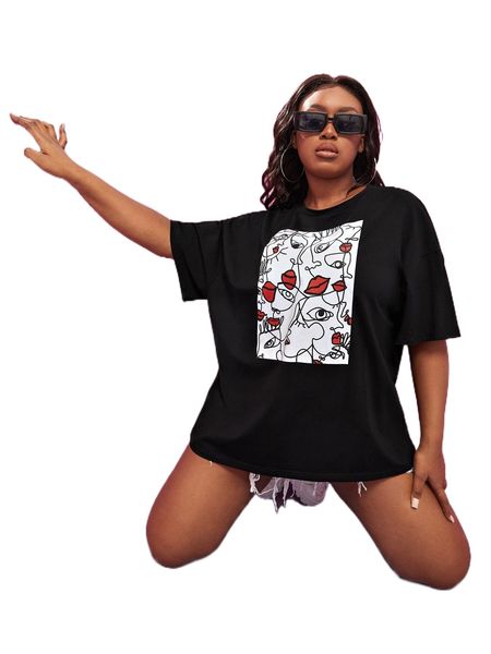 

x jola plus drop shoulder figure & letter pattern tee j3kp#, Black