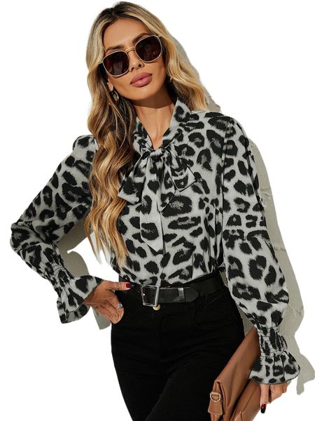 

leopard print tie neck flounce sleeve blouse o0hk#, White