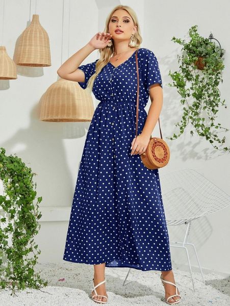 

plus polka dot v neck a-line dress c69e#, Black