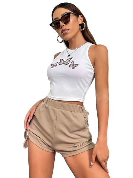 

butterfly print tank & drawstring shorts u8v3#, White