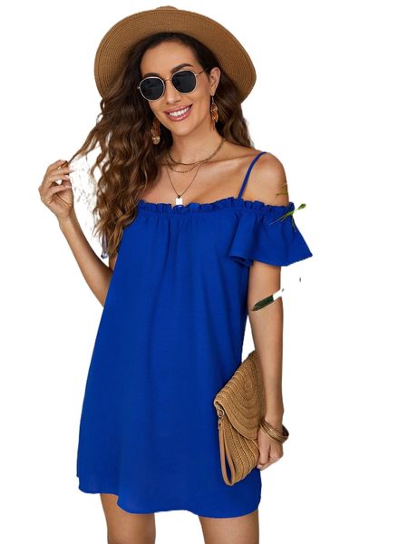 

cold shoulder frill trim tunic dress r1zl#, Black;gray