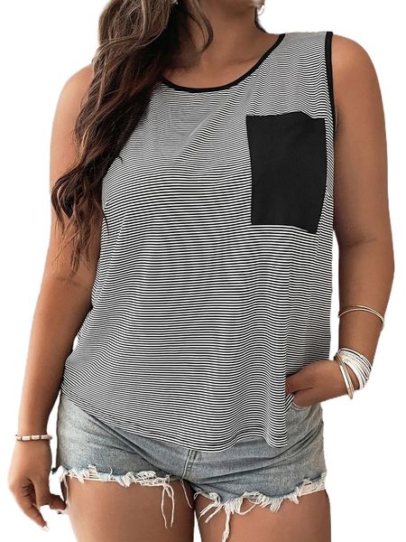 

plus striped contrast pocket tank j77c#, Black