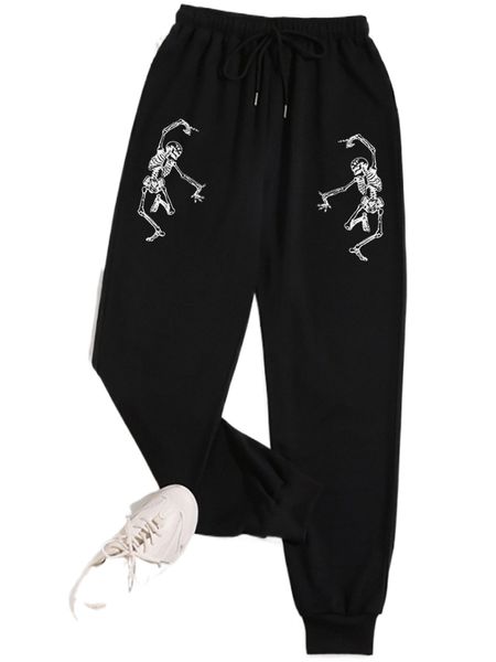 

skeleton print drawstring waist sweatpants a42d#, Black;white