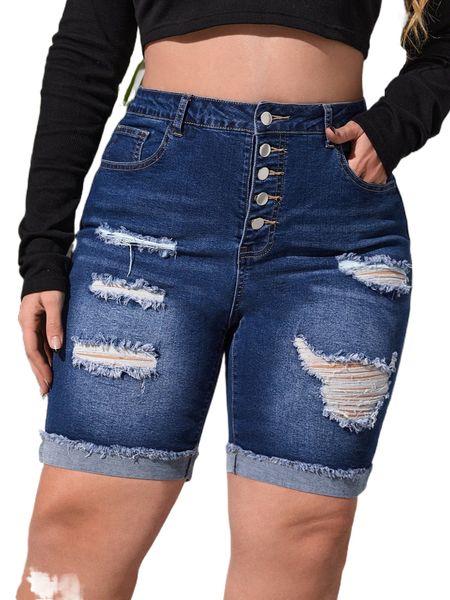 

plus high waist ripped roll up hem denim shorts l2cv#, White;black