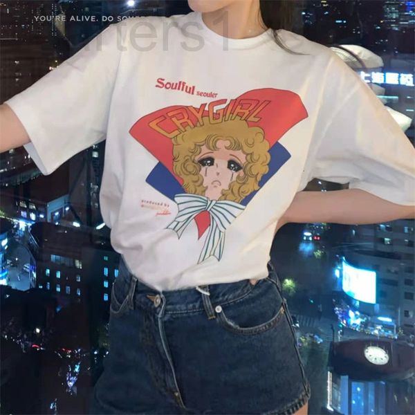 

women's t-shirt designer pushbutton 2022 new crying beautiful girl print short sleeve t-shirt women's loose round neck fashion 47c, White