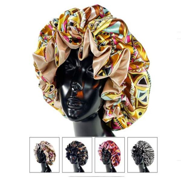 

women satin bonnet cap double layer silky big bonnet for lady printing sleep cap head wrap gc1541, Blue;gray