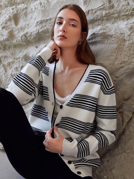 

motf premium wool mix striped cardigan p9nf#, White;black