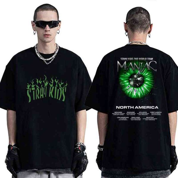 

korean stray kids 2nd world tour maniac print t-shirt mens womens harajuku streetwear hip hop short sleeve tees 2022 new tshirt t220517, White;black