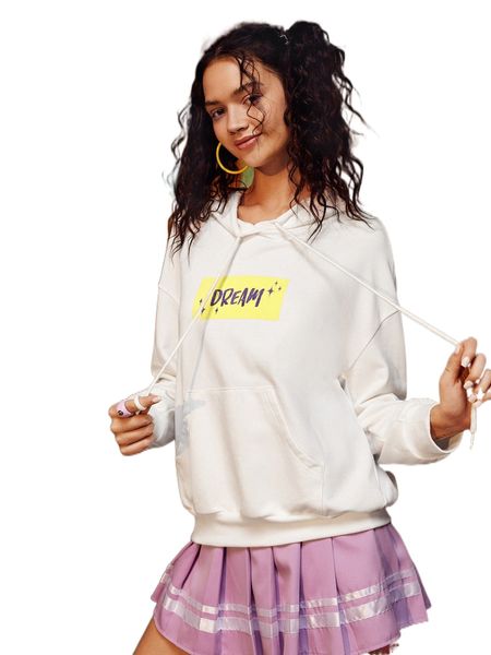 

x ana mirza letter graphic drop shoulder drawstring hoodie s12n#, Black