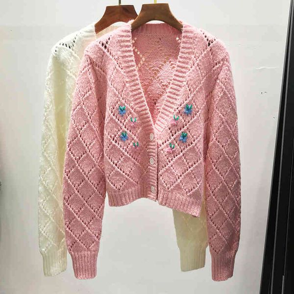 

women's knits & tees niche design french lady fenglingge pure hand embroidered short knitted cardigan, White