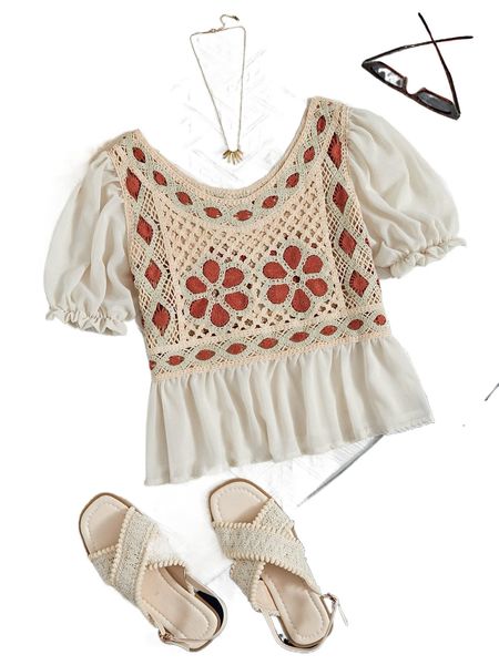 

floral crochet panel puff sleeve peplum schiffy blouse v6hp#, White