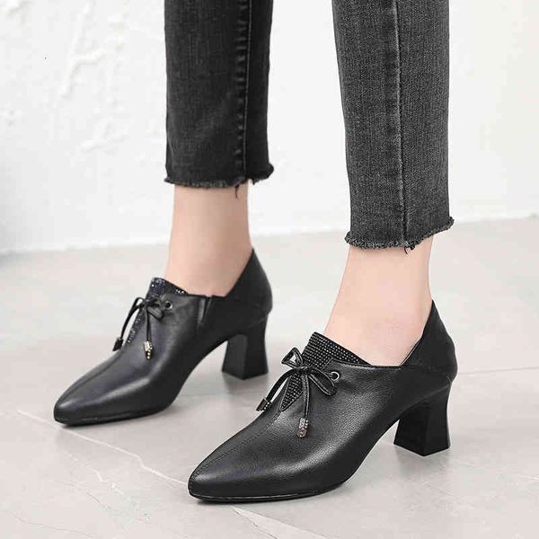 

dress shoes thick heel single shoes women's spring and autumn deep mouth leather versatile cowhide soft large 30fl, Black