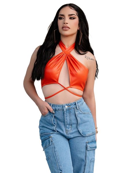 

sxy x kimberly loaiza ruched criss cross tie backless pu halter a6yb#, White