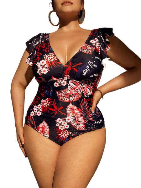 

plus floral print ruffle one piece swimsuit 0266#, White;black
