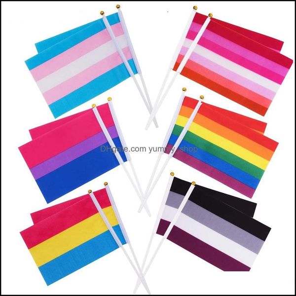 Banner-Flaggen, festliche Party-Zubehör, Hausgarten, 14 x 21 cm, Regenbogen-Gay-Pride-Stick, kleine Mini-Hand-Lgbt-Dekorationen, 5 x 8 Zoll Flagge mit W