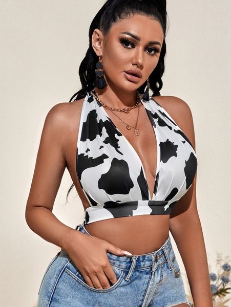 

sxy cow print backless crop halter s1kp#, White