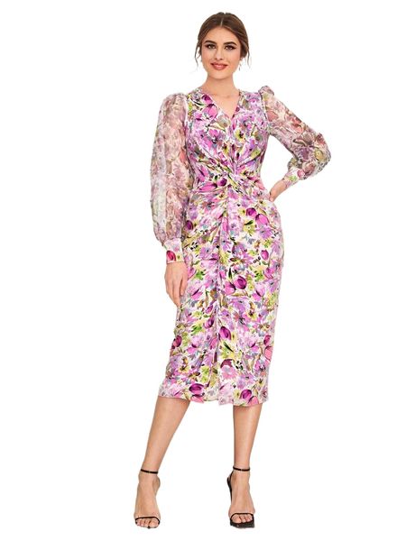 

floral print twist lantern sleeve dress a5a9#, Black;gray