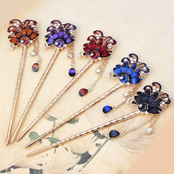 

retro crystal peacock hair stick hairpin chinese style handmade hair accessory for women wedding banquet jewelry, Golden;silver
