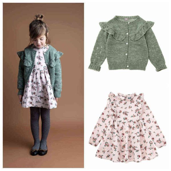 

tocoto vintage children girls floral ruffle dress cardigan match elegant girls fall winter clothes kid beautiful dresses l220715, Red;yellow