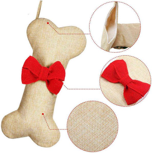 

20*40cm christmas stockings jute dog bone sock gift bag pets hanging ornament for holiday decorations