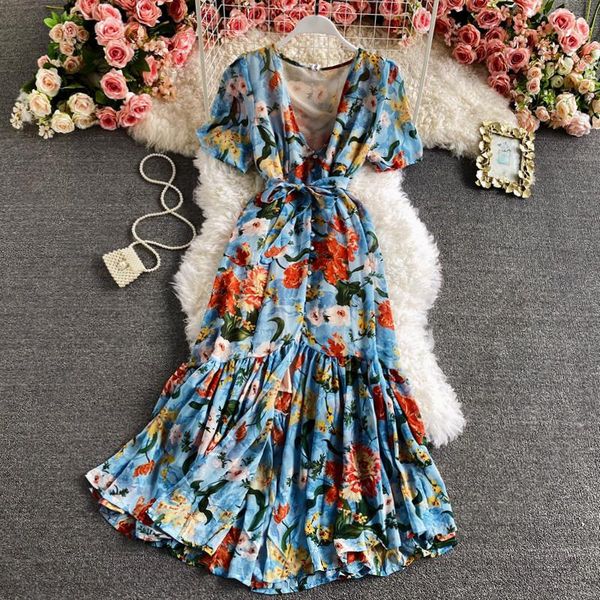 

casual dresses elegant beach style summer ruffles women dress v neck print bohemian fashion bandage office lady a line mid long, Black;gray