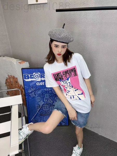 

women's t-shirt designer summer short sleeve east gate temperament round neck loose fashion printed cotton pullover white wide leg pant