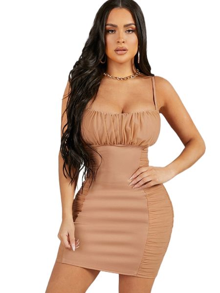 

lace up backless ruched mesh panel dress 74k6#, Black;gray