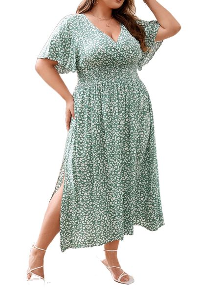 

plus allover floral print butterfly sleeve split thigh dress j1mf#, Black