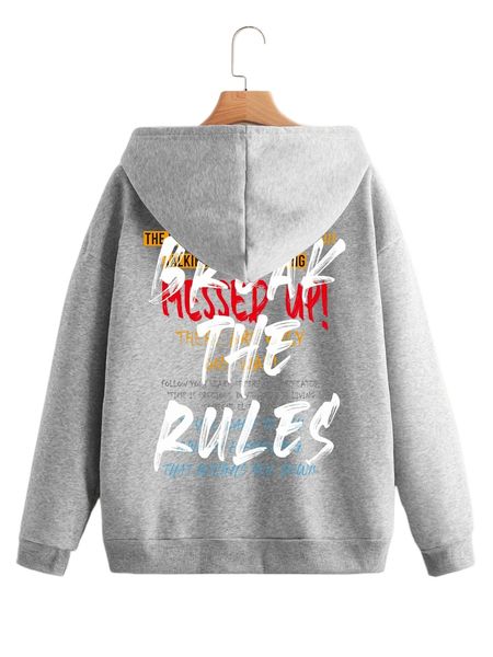 

slogan graphic drop shoulder drawstring zipper thermal hoodie 26ge#, Black