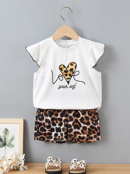 

toddler girls letter & heart print butterfly sleeve & shorts she, White