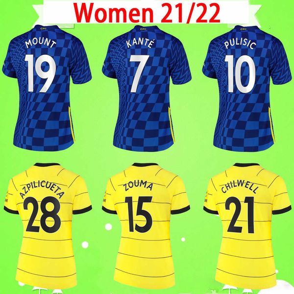 

women soccer jerseys lukaku pulisic ziyech havertz kante cfc werner abraham chilwell mount jorginho 2021 2022 girls football shirt ladies 21, Black;yellow
