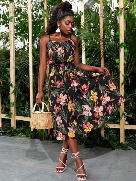 

allover floral print shirred cami dress r0va#, Black;gray