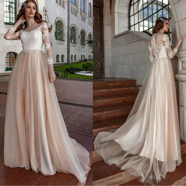 

vestidos de noiva long sleeves lace a line boho wedding dresses champagne sheer scoop neck tulle applique sweep train wedding bridal gown, White