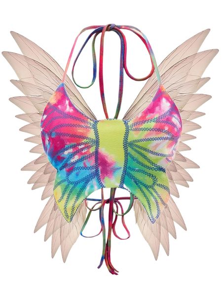 

tie dye stitch detail tie backless asymmetrical hem crop halter 30pw#, White