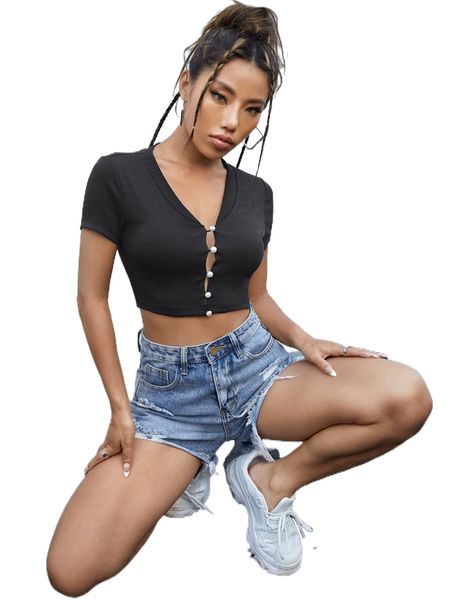 

ribbed knit button front crop tee c8qp#, White