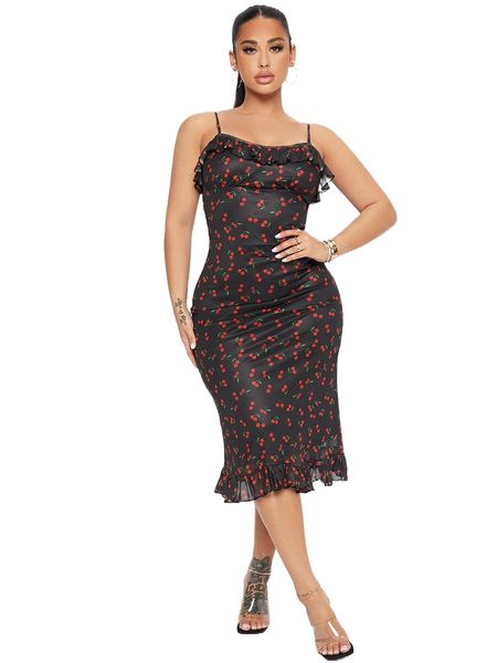

fruit print ruffle hem mesh bodycon dress r0iu#, Black;gray