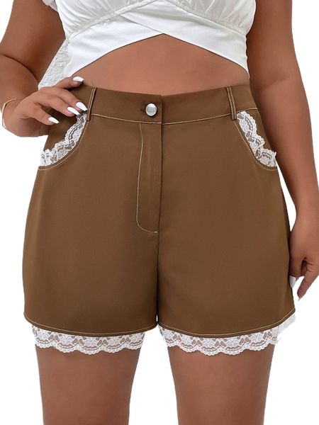 

plus high waist contrast lace shorts s1j5#, Black