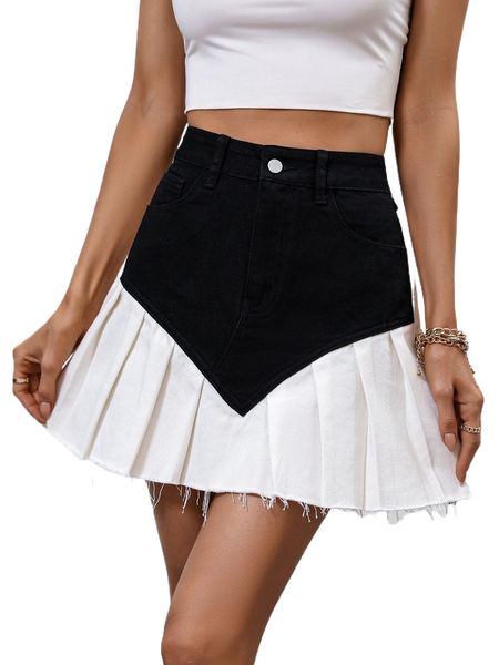 

high waist two tone pleated hem denim skirt y1tt#, Black