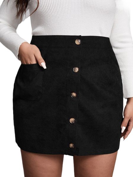 

plus patched pocket single breasted corduroy skirt v3cu#, Black