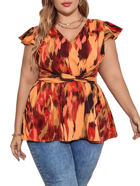 

plus tie dye flutter sleeve knot back peplum blouse s5ak#, Black