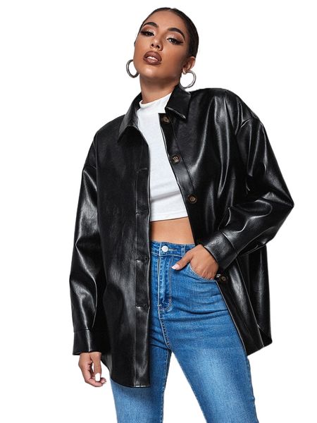 

drop shoulder buttoned pu leather coat a0hu#, Black