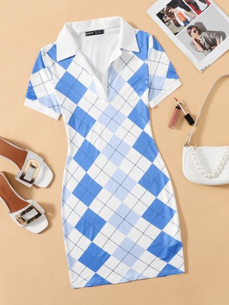 

argyle print bodycon dress 77am#, Black;gray