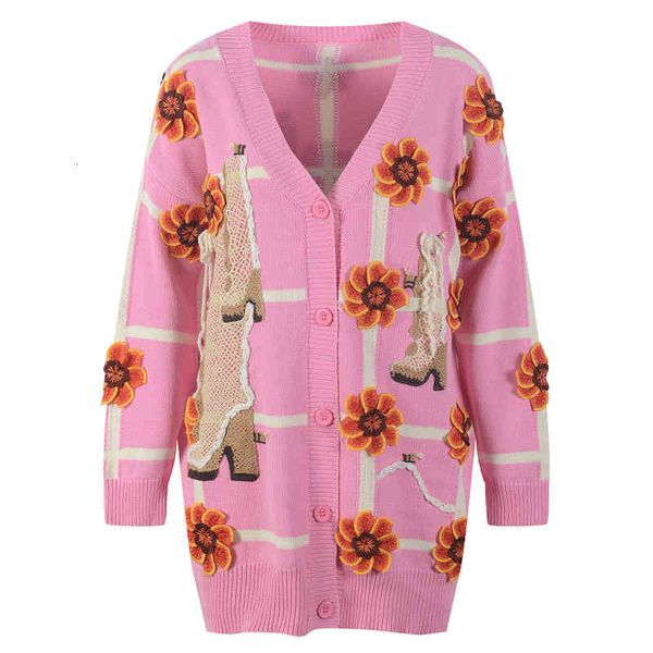 

women's knits tees v-neck flower jacquard sweater contrast cardigan women's fashion temperament in autumn and winter 8kxt, White