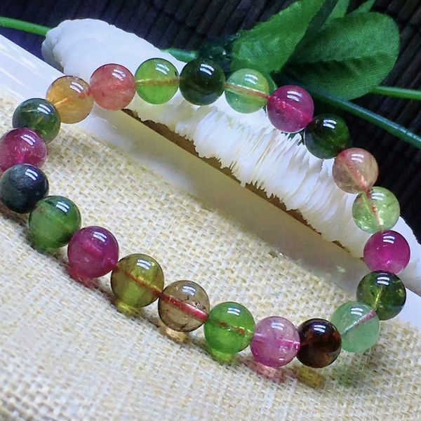 

natural colorful tourmaline clear round beads bracelet rainbow candy tourmaline 8.5mm women men crystal jewelry aaaaaaa, Silver
