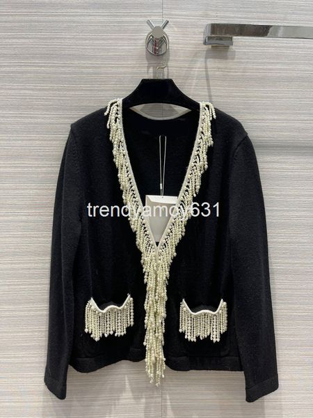 

women's sweaters autumn and winter women's clothing temperament casual versatile pearl tassel v-neck cardigan button soft waxy coa, White;black