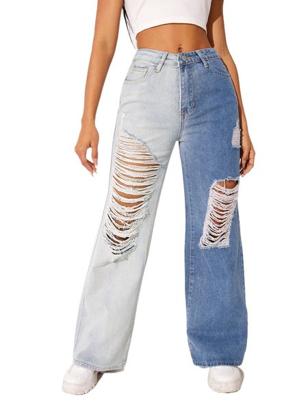 

two tone ladder distressed wide leg jeans s8lk#, Blue