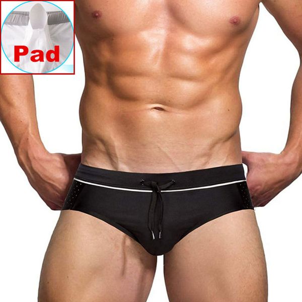 Slip da bagno sexy a vita bassa da uomo Costume da bagno bikini a righe Costume da bagno push up imbottito Cavo di rete nero Pantaloncini da surf da spiaggia per uomo 220509