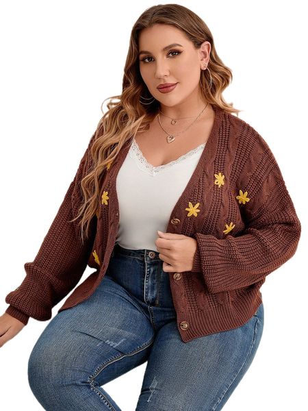 

plus floral pattern drop shoulder cable knit cardigan v7a8#, Black