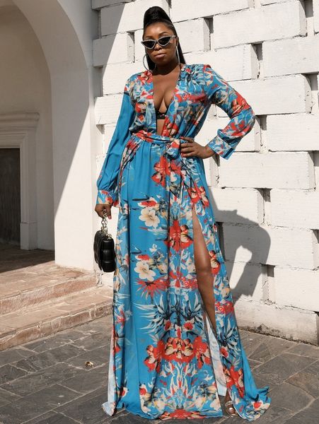 

seomiscky plus wrap belted floral dress 88et#, Black