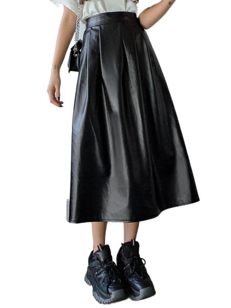 

dazy high waist plicated detail pu leather skirt h9i8#, Black